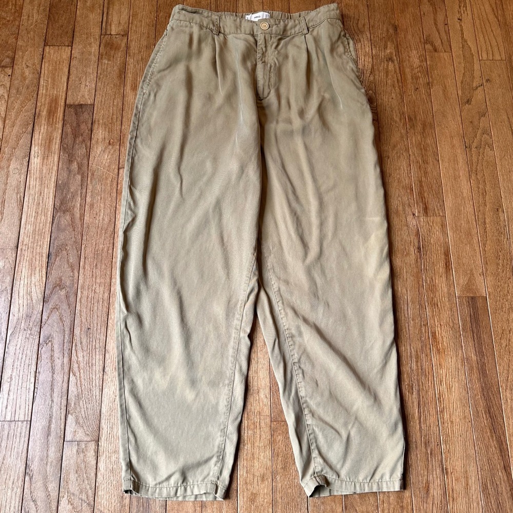 MNG Mango Pleated Tapered Trousers Womens 8 100% Tencel Elastic Waist Khaki